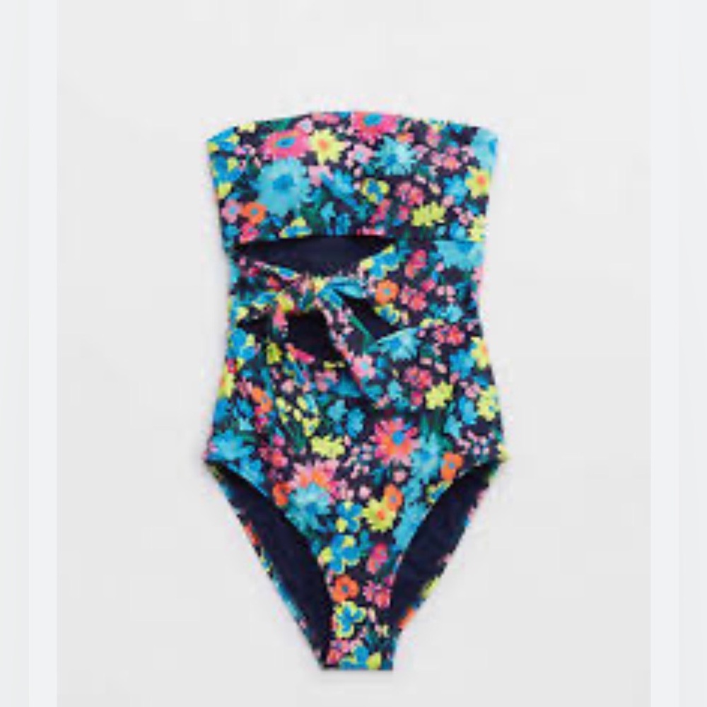 aerie Floral One-Piece Swimsuit in Navy with Bright Multi-Color Flowers